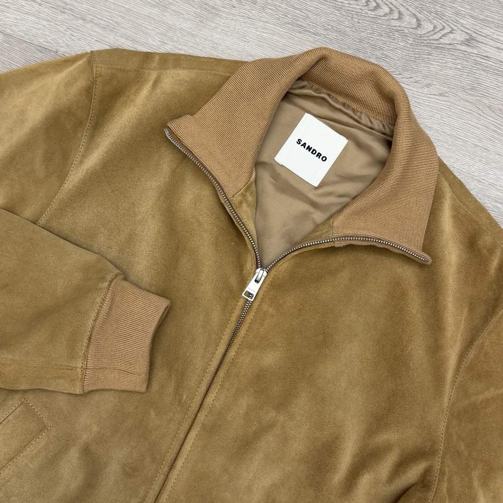Sandro Paris Suede Leather Bomber Jacket Mens M Tan Camel Full Zip Italy Hide